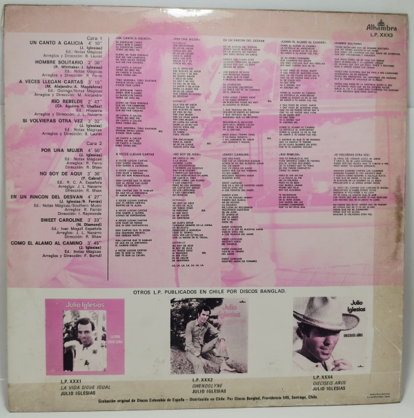 Contra portada vinilo Julio Iglesias Río Rebelde